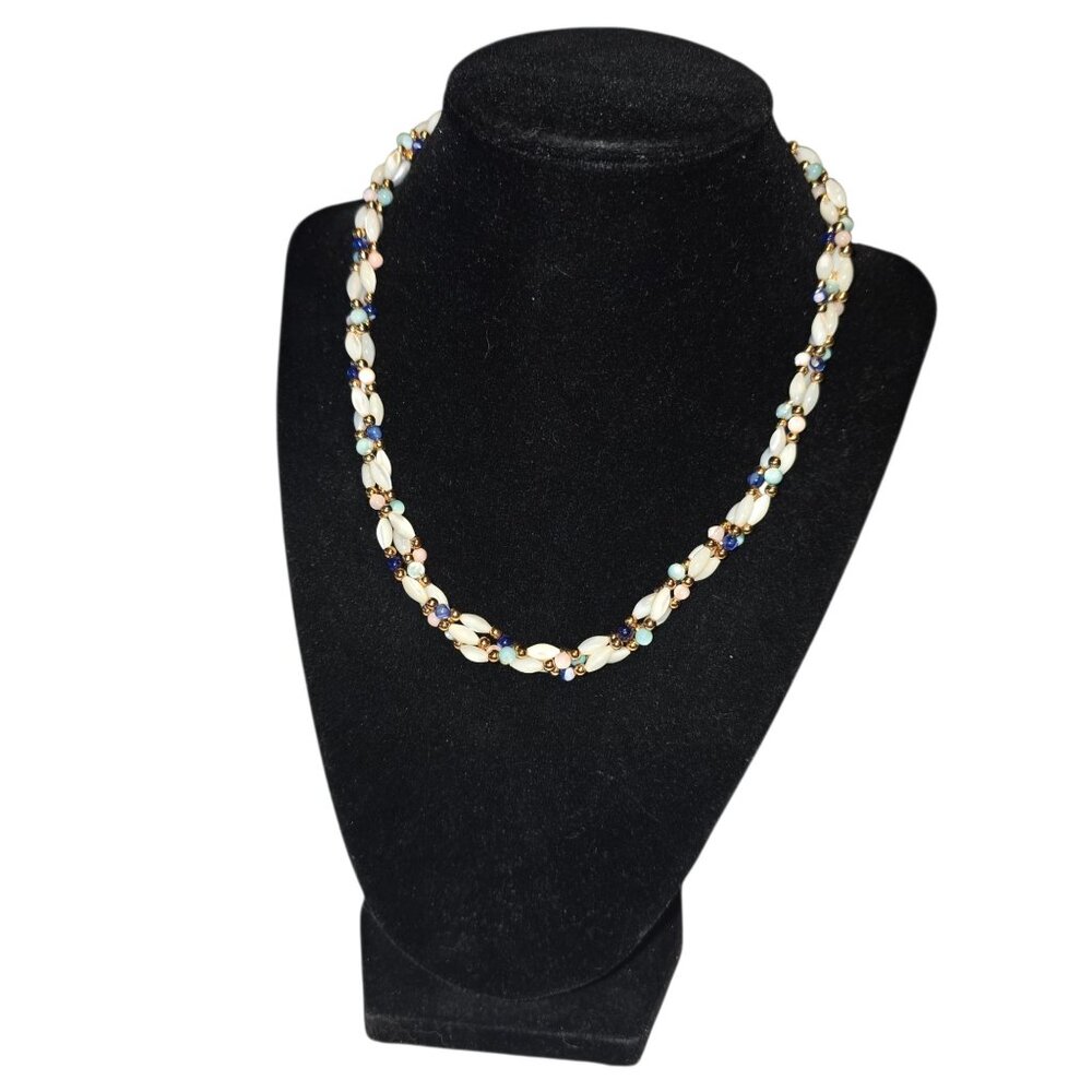Vintage Triple Strand Faux Mother of Pearl Gold Bead Necklace